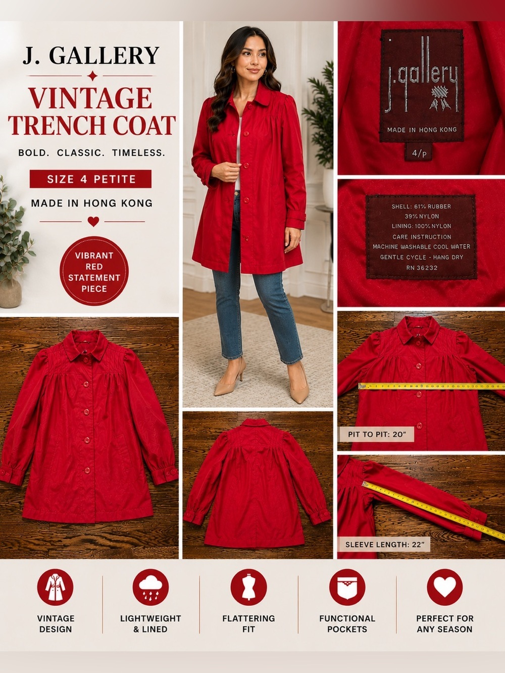 Vintage J. Gallery Red Trench Coat Size 4 Petite Hong Kong Rain Coat Retro
